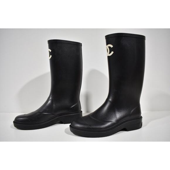 Chanel REV Black White Caoutchouc CC Logo High Pull On Rubber Rain Boots 41 - Picture 10 of 12